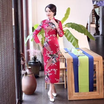 Rožinė Kinijos Panele Seksuali Ilgomis Rankovėmis Cheongsam Ilgai Qipao Traditioanl Atsitiktinis Suknelė Moterims Mandarinų Apykaklės Suknelė
