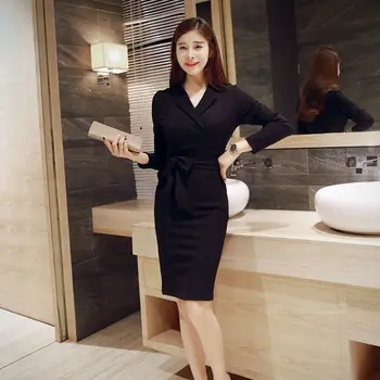 2021 m. rudens ir žiemos naujas korėjiečių moterų plonas kostiumas apykakle ilgomis rankovėmis hip-ilgis profesinės vidutinio ilgio suknelė