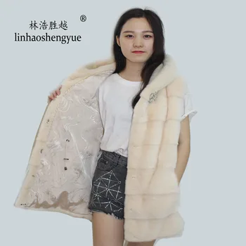 Linhaoshengyue 2020 karštas mados ir šiltas Nekilnojamojo mink ilgis 70cm Visą odos kailiniai paltai