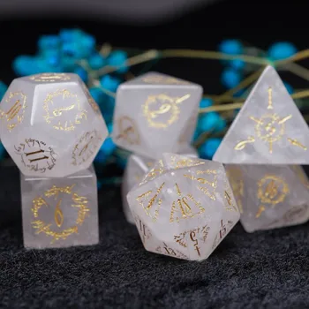 Natūralus Baltas Kristalų Polyhedral DND Kauliukų Rinkinys Magic Elvish Kauliukai Rankų darbo Graviruoti Akmens Kubeliai D&D RPG COC Stalo Žaidimai Dovanų