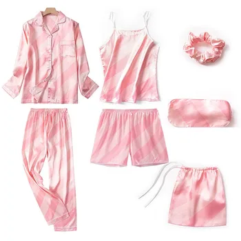 Pink moteriški 7 Gabalus Pižama Rinkiniai Dirbtiniais Šilko Dryžuotas Pyjama Moterų Sleepwear Pavasarį, Vasarą, Rudenį Homewear Poilsio Namų Drabužiai