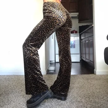 Leopardas Spausdinti Aksomo Flare Kelnės Priežastinis Streetwear Seksualus Slim Vidurio Juosmens Moterų Ilgos Kelnės 2021 Capris Pavasarį, Rudenį Poilsiu