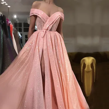 Rožinė Musulmonų Vakaro Suknelės-line Off Peties Blizgančiais Sparkle Dubajus, Saudo arabų Ilgai Vakare Gown Prom Dress