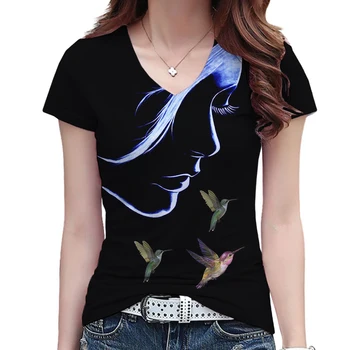2022 Moterų Abstrakti su Hummingbird Portretas Tapybos T-shirt Prarasti Spausdinti V-kaklo Pagrindinio Viršūnes Black 3D Spausdinimo Marškinėliai