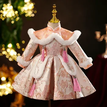 Etapas Dėvėti Kinijos Pink Gėlių Spausdinti Hanfu Storio Baby Girl Gimtadienio Suknelė Vaikas Tradicinių Tango Kostiumas