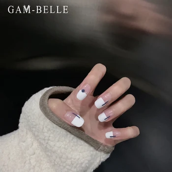 GAM-BELLE Pusė prancūzų Stiliaus Balta Netikrą Nagai Visiškai Padengti Dirbtinis Paspauskite Ant Nagų Patarimai Aikštėje False Nails Art Įrankiai, Reikmenys