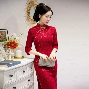 2022 m. Rudens Žiemos Nėriniai Sudėtiniai Vidutinio Ilgio Cheongsam Kinų Stiliaus Pagerėjo Mergina Maxi Ilgas Qipao Mados Suknelė Moterims