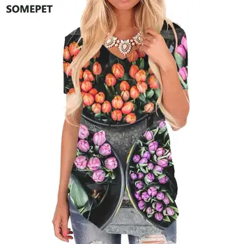 SOMEPET Gėlės T-shirt moterims, Lapai V-kaklo Marškinėlius Harajuku T-shirts 3d Moteriški Drabužiai Vasaros Spausdinti Streetwear Aukštos Kokybės