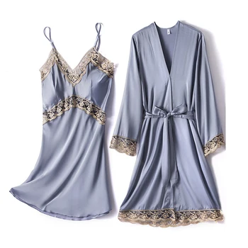 Sleepwear Moterų Mantija Rinkiniai Nėrinių Nightdress Chalatas Kimono Nuotaka Vestuvių Pižama Nėrinių Apdaila Moterų Suknelė Atsitiktinis Namų Drabužių 2021