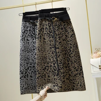 Leopard-print megztas sijonas 2021 m. rudens žiemos naujas visas rungtynes, diržas padalinti vieną žingsnį sijonas-line storio audinių aksomo klubo sijonas s221
