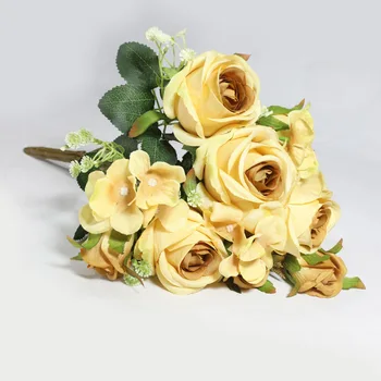 Šampanas Rožinė Mėlyna Šilko Modeliavimas Puokštė Dirbtinių Rožių Hydrangea Netikrą Gėlės, Vestuvių Puokštės Namų Darbalaukio Sodo Dekoro