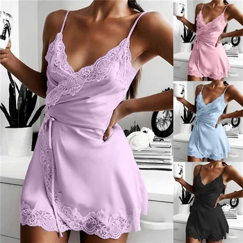 2022 m. Vasarą Elegantiškas Ponios Diržas Nightdress Moterų Nightdress Rankovių Nėriniai Moterų Pižamą Ruožas Satino naktiniai marškiniai, pižamos, maudymosi kostiumėlį