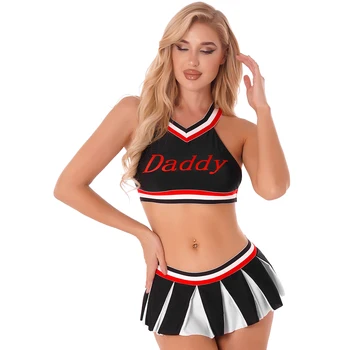 Moterų Cheerleaders Komplektus, Cosplay Kostiumai, apatinis Trikotažas Nustatyti Laiškas Išspausdintas V-Kaklo Derliaus Viršuje su Plisuotos Miniskirt naktiniai drabužiai