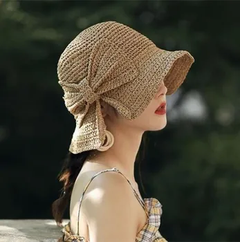 HT043 Lankas Saulės Skrybėlę Platus Kraštų Floppy Vasaros Skrybėlės Moterų Paplūdimio Panama Šiaudų Dome Kibiro Kepurę Femme Atspalvį Skrybėlę