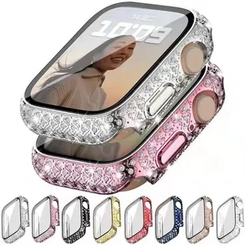 Visą Deimantų Apsaugos Atveju su Grūdinto Stiklo Apple Žiūrėti Serija 7 Moterys Prabangių Papuošalų Padengti Bamperis už iWatch 41mm 45mm