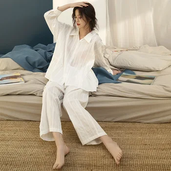 Moterų Pavasario Pyjama Plonos Medvilnės Slidinėti Sijonas Pajama Nustatyti ilgomis rankovėmis Kelnės Sleepwear White 2-piece Prarasti Paprasta Loungewear