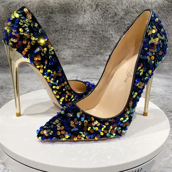 Nemokamas pristatymas mados moterų siurbliai aukso mėlyna blizgučiai point kojų striptizo stiletto kulniukai batai nuotakos vestuvių batai 10cm, 12cm