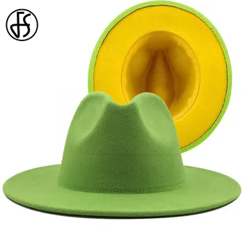 FS 60CM Žalia Geltona Kraštų Daugybė Moterų, Vyrų Pločio Kraštų Vilnos Veltinio Fedora Skrybėlės Panama Džiazo Kepurės Šalies Kaubojus Trilby Lošėjas Skrybėlę