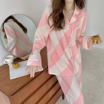 Rožinė Dryžuota Rudenį Namuose Kostiumas Moterims Vieną Krūtinėmis Marškinėliai + Kelnės Nustatyti, Dviejų Dalių Pižama Nustatyti Medvilnės Sleepwear Homewear