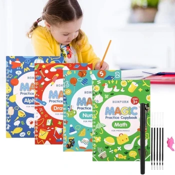 4 Knygos Vaikams& Magic Knygų,Daugkartinio naudojimo 3D Kaligrafija Copybook,anglų Skaičius Užrašu Magija Praktikoje Copybook Žaislai vaikams