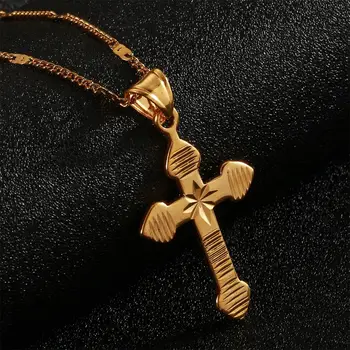 24K Aukso Spalvos Kryžius Pakabukas Karoliai Klasikinio Katalikų Bažnyčios Jėzaus Papuošalai