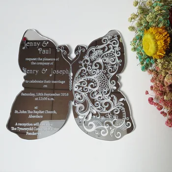 Individualų 180*150mm drugelio formos sidabro veidrodis iš akrilo vestuvių pakvietimo(1lot=100vnt)