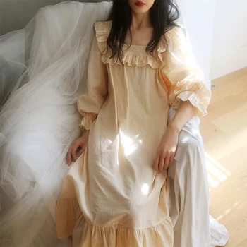 Derliaus Medvilnės Ilgai Nightgowns Moterys Pavasarį, Rudenį Lolita Naktį Suknelė Viktorijos Sleepwear Princesė Peignoir Romantiška Nightdress