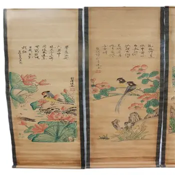 Kinija Senas Pažymėkite Tapybos Keturių Ekrano Paveikslai Viduryje Salėje Kabo Tapybos Gėlių Ir Paukščių Diagramos