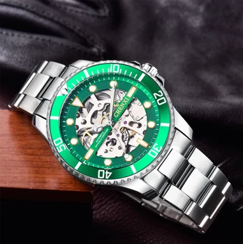 CHENXI Žiūrėti Vyrų Mados Žalia Sukasi Bezel Skeletas Laikrodžiai Vyrams iš Nerūdijančio Plieno Juosta Mechaninė Automatinė Laikrodžius