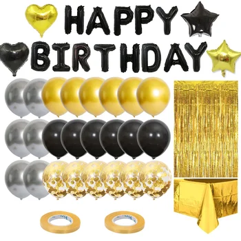31pcs gimtadienio balionas nustatyti juodojo aukso tema su gimtadieniu laišką, balionų lietus šilko staltiesė gimtadienio apdaila