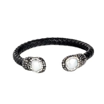 prabangos stilius klasikinis juodos odos su natūraliu gėlavandenių perlų pabaigos karoliukai pakabukai reguliuojamas atidaryti manžetai bangle apyrankės moterims