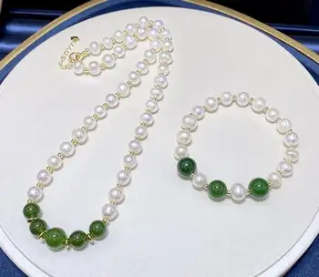 gamtos 8-9mm baltos spalvos Gėlavandenių perlų jade karoliukų apyrankės karoliai Papuošalų rinkinys