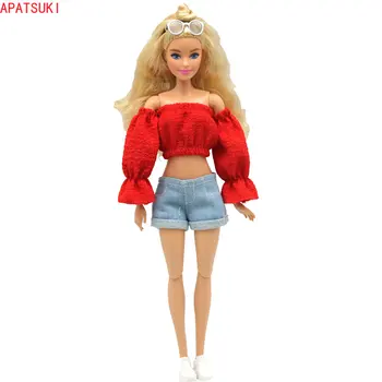 Raudona Mados Princesė Rankovės Viršuje Džinsinio Šortai Barbie Lėlės Drabužiai Nustatyti Komplektus Drabužių 1/6 BJD Lėlės Priedai