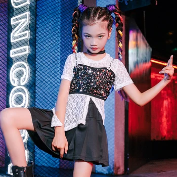 Mados Juoda Blizgančiais Hiphop Drabužiai Mergaitėms Džiazo Kostiumai Sportinių Rezultatų Apranga Vaikams Etape Rodyti Gatvių Dancwear XS4221