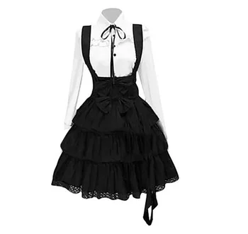 2021 Moterų Klasikinis Lolita Dress Derliaus Įkvėpė Moterų Komplektus, Cosplay, Anime Mergaitė Juodos ilgomis Rankovėmis Kelio Ilgis Marškinėliai Suknelė