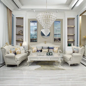 Villa high-end luxury medžio masyvo odos sofos ranka raižyti aukso Europos eksporto baldai