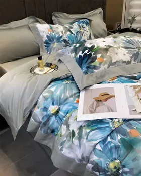Romantiška sielovados mėlyna gėlė patalynės komplektas,pilnas, karalienė, karalius, vintage design medvilnės namų tekstilės butas lapas pagalvės užvalkalą antklodė padengti