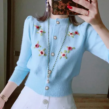 3D Rose Nėrimo Derliaus susagstomi megztiniai Moterims 2022 M. Rudenį Naujų ilgomis Rankovėmis Apvalios Kaklo Megztiniai Megztinis Moterų Megztinis Viršuje Mezgimo viršutinių drabužių siuvimas