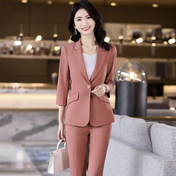 Pietų Korėja pavasarį ir vasarą biuro, moterų verslo baltos apykaklės oficialius darbo drabužius, artimųjų rankovės kailio kelnes dviejų dalių kostiumas