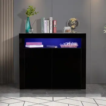 Kambarį švediškas stalas Laikymo Spinta Juodos blizgančios su LED Šviesos, Modernus Medinis Saugojimo Ekranas Kabineto TV Stand w/ 2 Durys