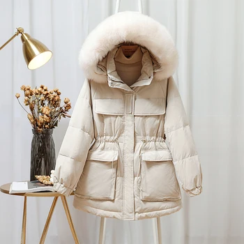 90% Baltos Spalvos Antis Žemyn Striukė 2020 M. Žiemos Naujų Korėjos Vidutinio Ilgio Žemyn Kailis Natūralus Lapės Kailiniai Su Gobtuvu Šuo-Parkas Moterų Sniego Outwear