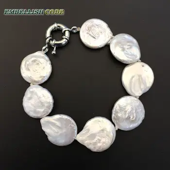 KARŠTO didelio dydžio baroko perlas apyrankės mygtuką monetos formos natūralus gėlo vandens perlai white spalvos fine jewelry už nacionalinio skonio