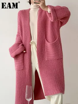 [EAM] Rose Red Pocket Didelis Dydis Mezgimo Cardigan Megztinis V-Kaklo, ilgomis Rankovėmis Moterų Nauja Mados Banga Rudens Žiemos 2023 1DF3578