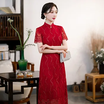 Nėriniai Midi Elegent Cheongsam 2022 M. Vasarą Pagerėjo Qipao Retro Plus Size Kinų Šalis Suknelė Moterims Trumpomis Rankovėmis Vestidos