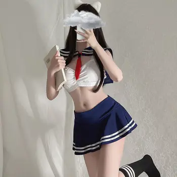 Seksualus Apatinis Trikotažas Japonijos Moterų Sailor Kvadratinių Kaklo Raudoną Peteliškę Plisuotos Elastinga Aistra Karšto Studentų Apranga Klostuotas Sijonas Cosplay