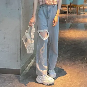 saldus korėjos Harajuku stiliaus Naujas Nėrinių Susiuvimo Džinsai Moterų Meilės Skylę Streetwear Plataus kojų Kelnės Aukšto liemens Kelnės cyber y2k