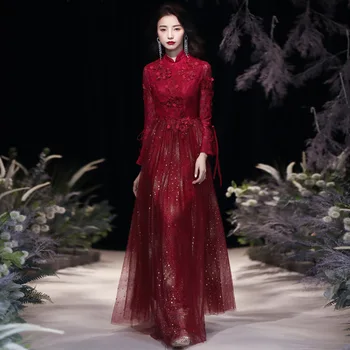 Rudens Žiemos Taurę Suknelė Nuotaka Naujas Kinijos Aplikacijos Kasdien Dėvėti Vyno Raudona Dalyvavimas China Suknelė Pokylių Sudegintasis Rankovėmis Suknelė
