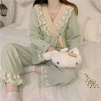 Nėrinių Gėlių Rudenį Pižama Nustatyti Moterų Korėjos Nėrinių Susagstomi Megztiniai + Kelnės Medvilnė Saldus Medvilnės Sleepwear Dviejų Dalių Namo Kostiumas