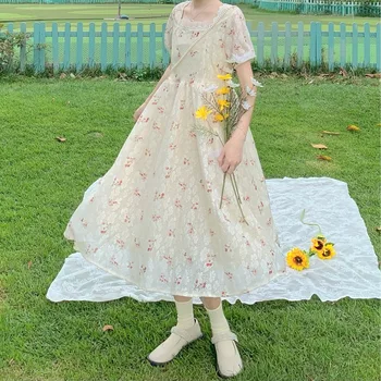 Japonų Stiliaus Saldus Šviežių Gėlių Vidutinio Ilgio Aukšto Liemens Švelniai lolita Nėrinių suknelė trumpomis Rankovėmis Suknelė Moteriška Vasaros, Nauja