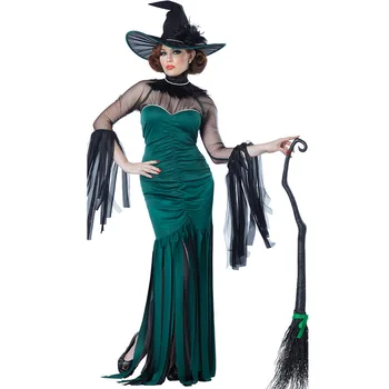 Žalia Seksualus Karalienė Ragana Dress Deluxe Suaugusiųjų Moterų Magija Metu Kostiumas Helovinas Blogio Ragana Veiklos Vienodas Fancy Dress+Hat